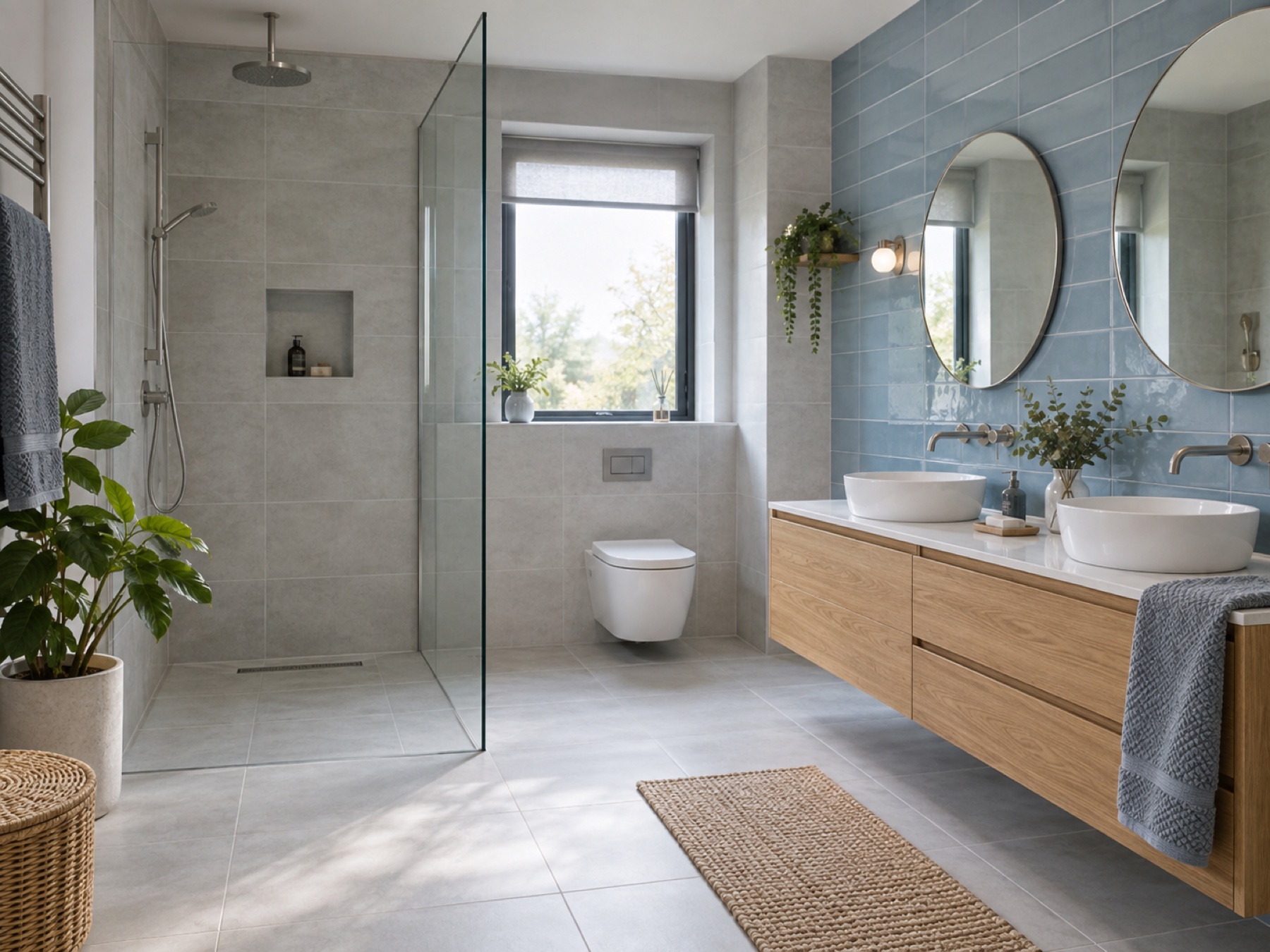 Illustrative contemporary bathroom with blue ceramic shower tiles and pale porcelain flooring