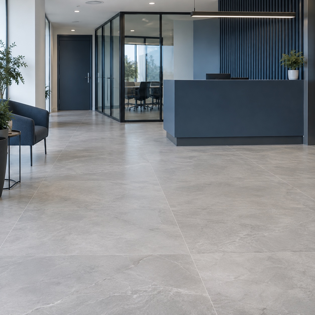 Illustrative commercial reception with large-format tiled flooring