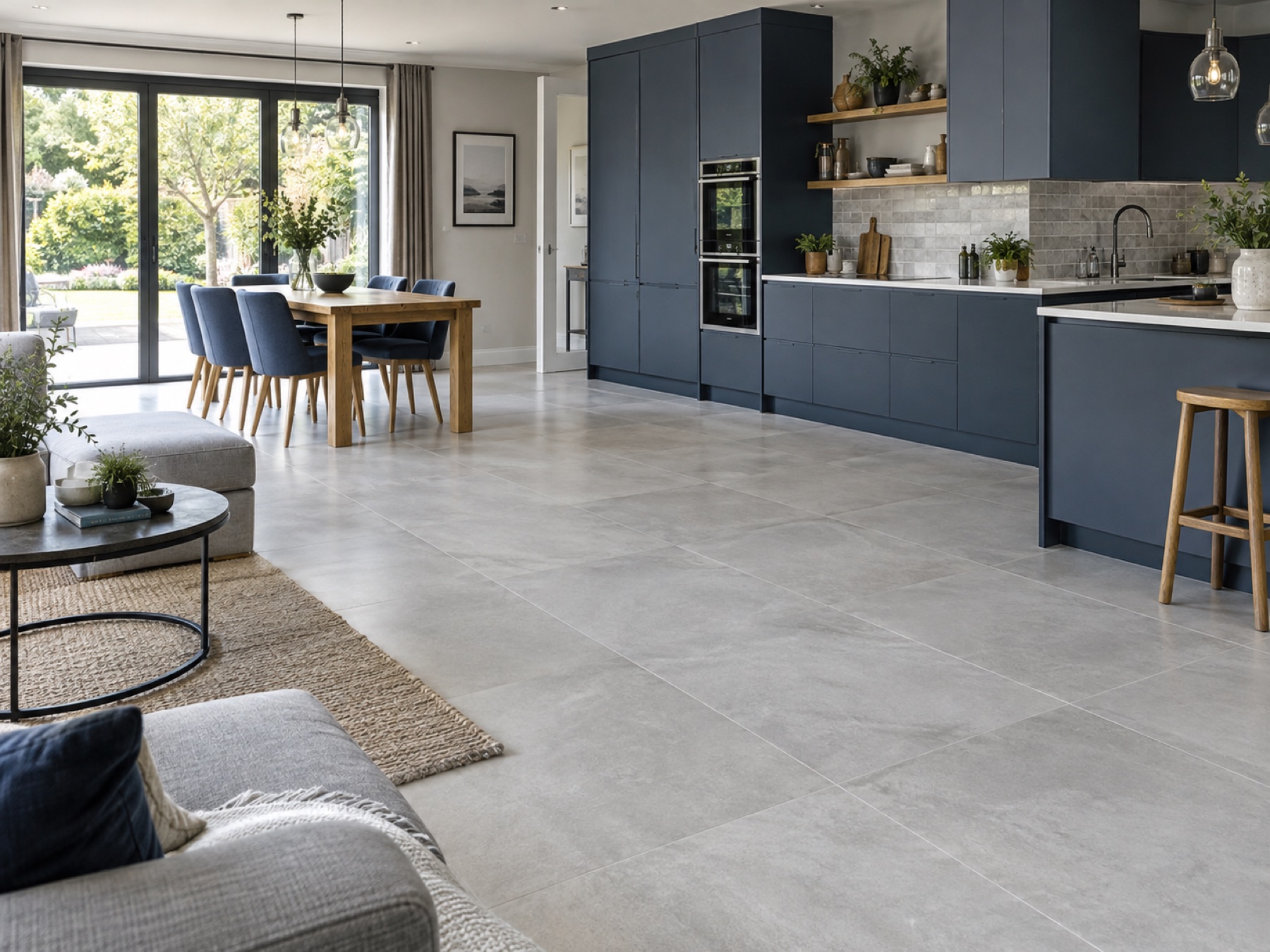 Illustrative open-plan kitchen and living space with continuous porcelain floor tiles