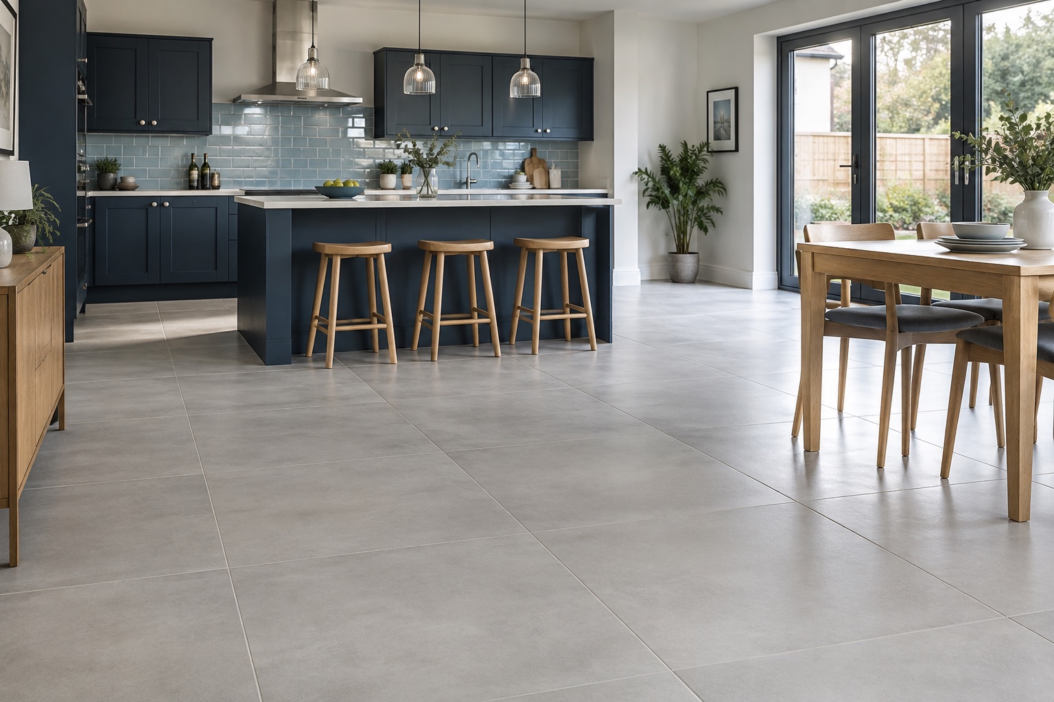 Illustrative new-build kitchen with navy cabinets and large-format porcelain floor tiles