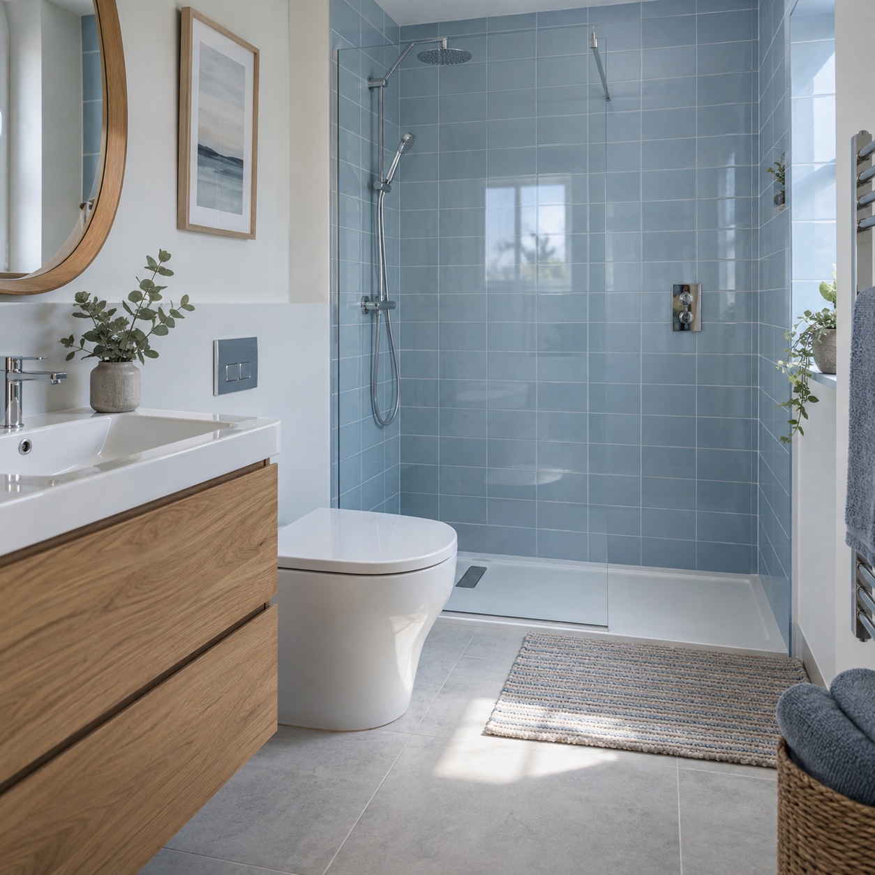 Illustrative residential bathroom with blue shower tiles and an oak vanity